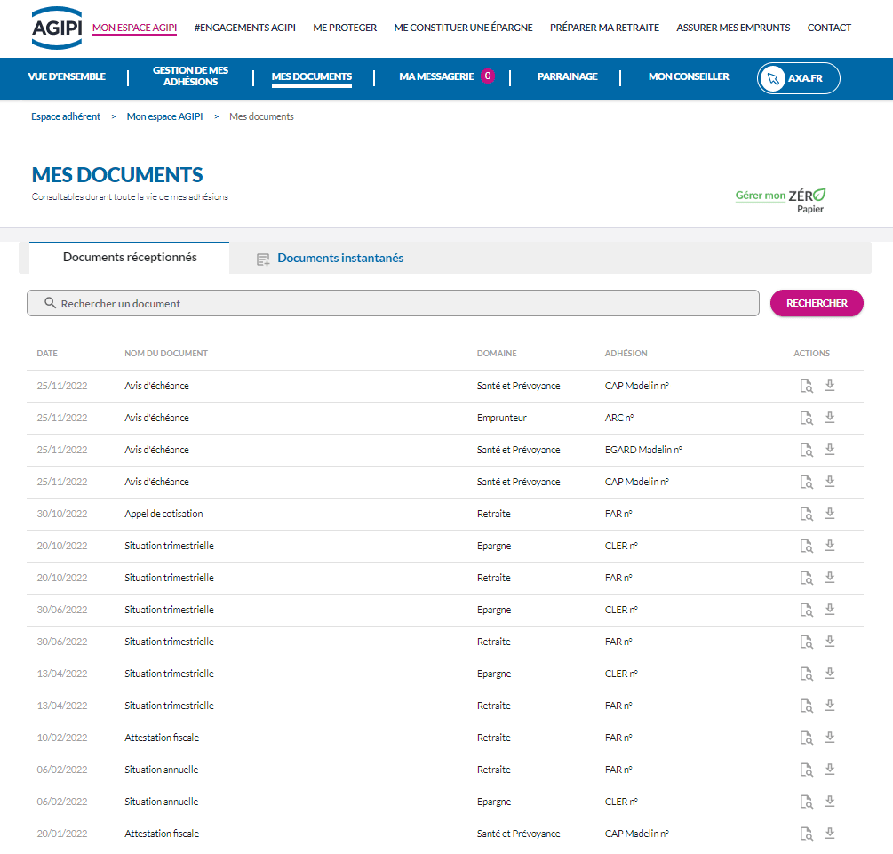 Visuel espace adhérent agipi.com mes documents